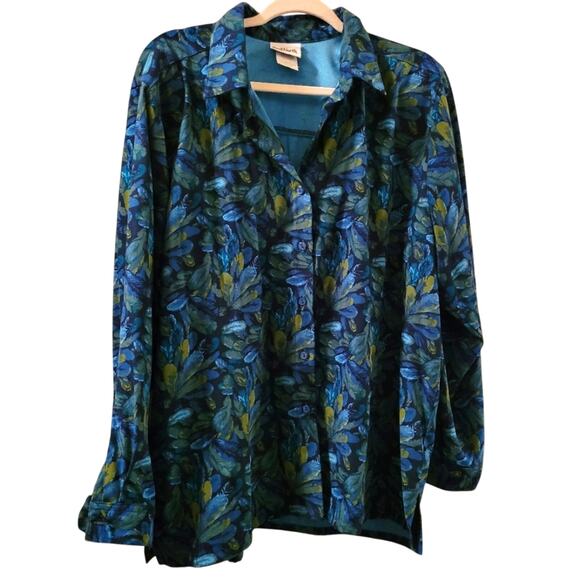 Vintage Womens Floral Collard Button Up Shirt Blue & Green Size L Whimsy Goth - Picture 1 of 9